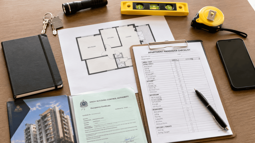 Floor plan checklist and inspection tools prepared for apartment handover
