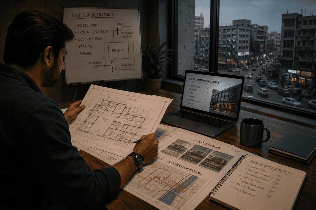 Business owner comparing a shop and office floor plan in Karachi