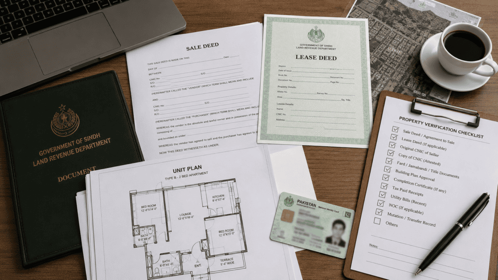 Commercial property ownership documents being reviewed before purchase
