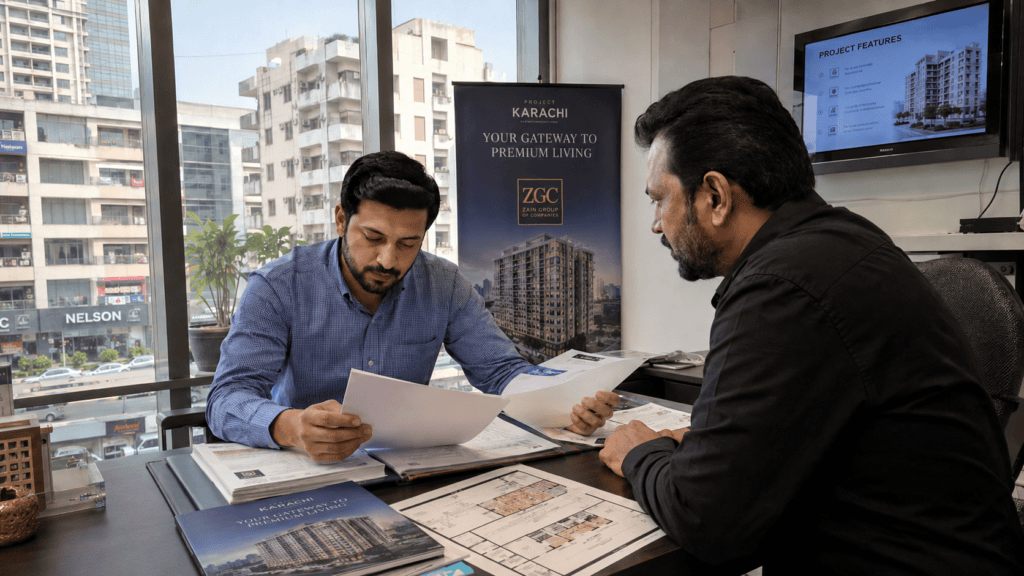 Buyer reviewing commercial property documents with a checklist in Karachi