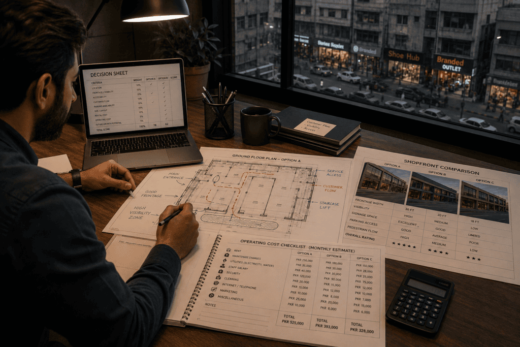 Commercial unit checklist comparing access parking costs and operating rules