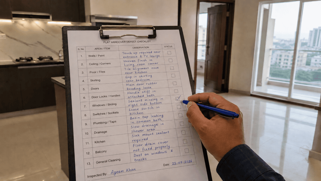 Written defect checklist used during a flat handover inspection