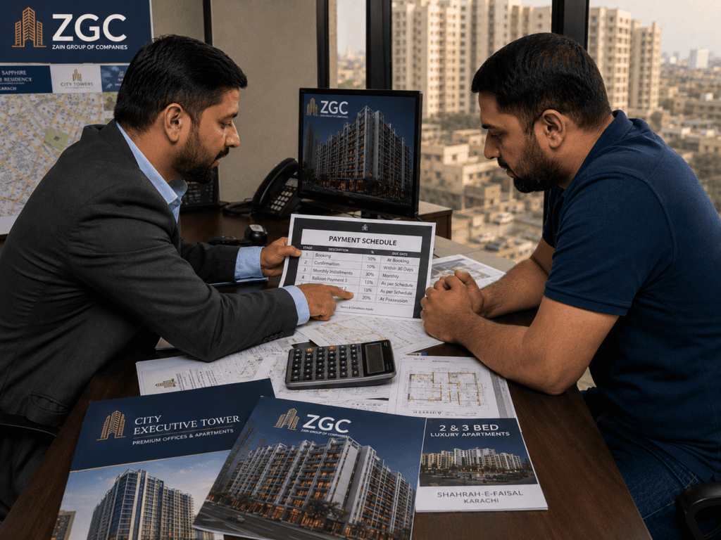 Buyer reviewing a new project payment plan before booking in Karachi