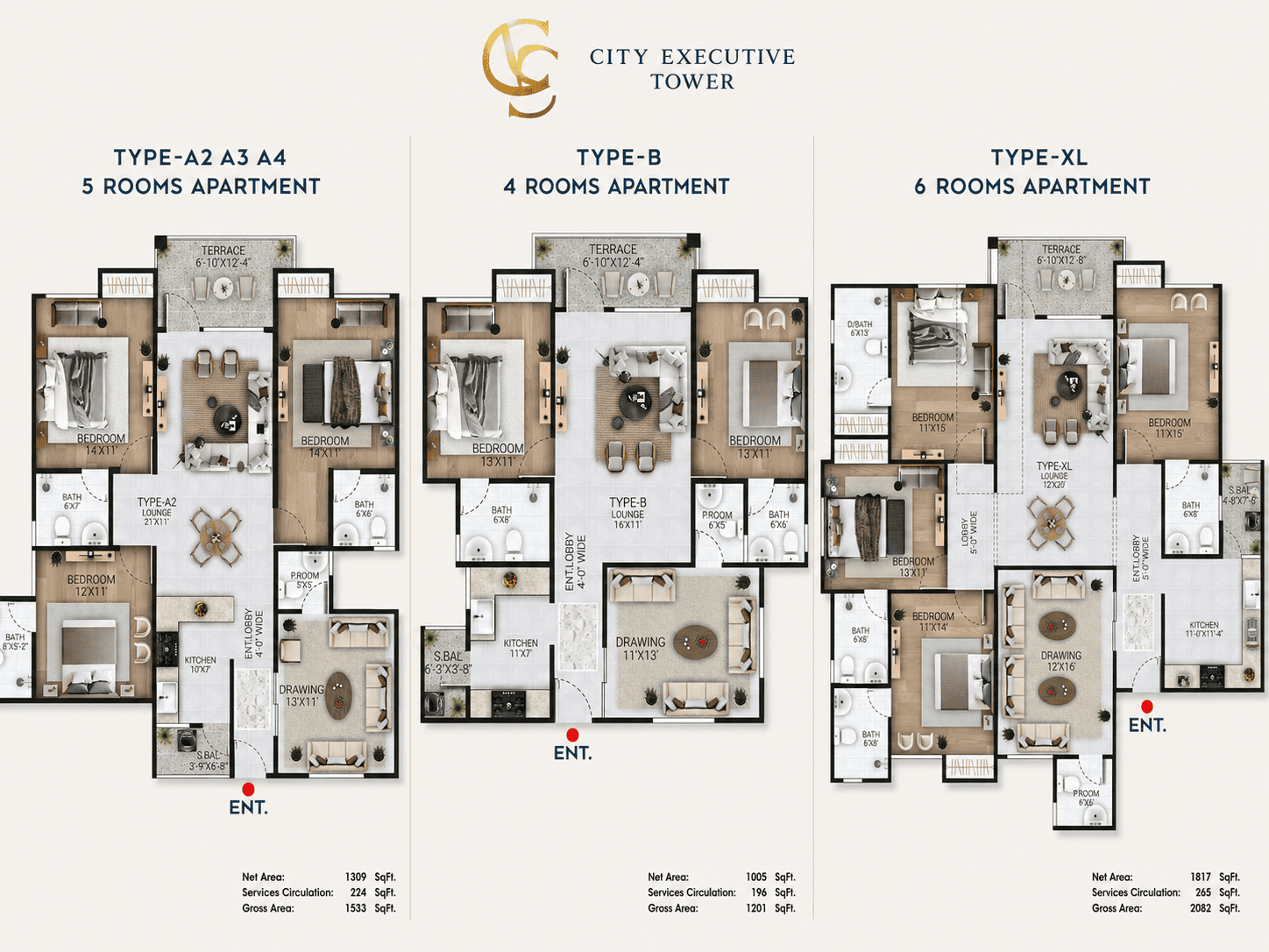 Comparison of Type-B Type-A2 A3 A4 and Type-XL City Executive Tower layouts