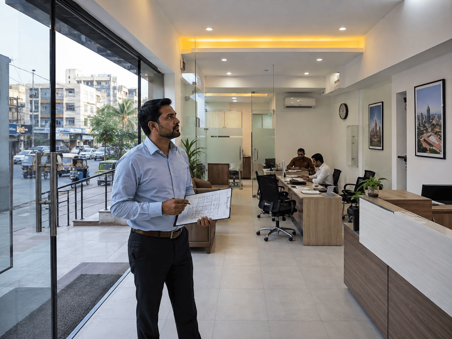 Business owner inspecting a commercial unit for operational use in Karachi