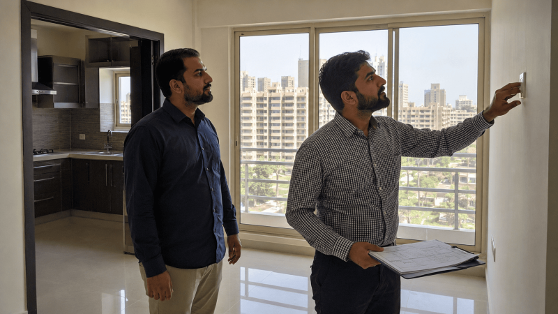 Buyer inspecting a newly completed apartment before taking possession in Karachi