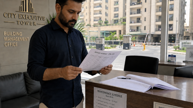 Apartment owner reviewing building maintenance costs after handover in Karachi