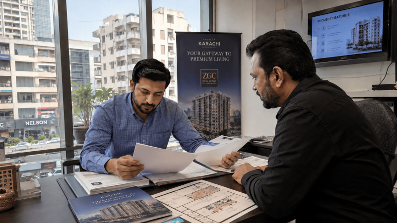 Buyer reviewing commercial property documents with a checklist in Karachi