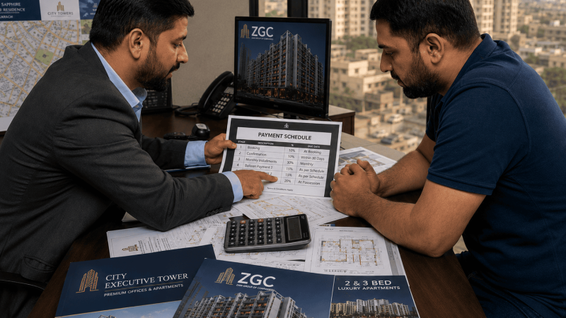 Buyer reviewing a new project payment plan before booking in Karachi